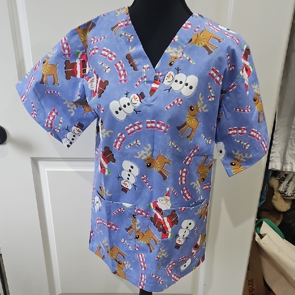 UA Scrubs Blue Holiday Print Top